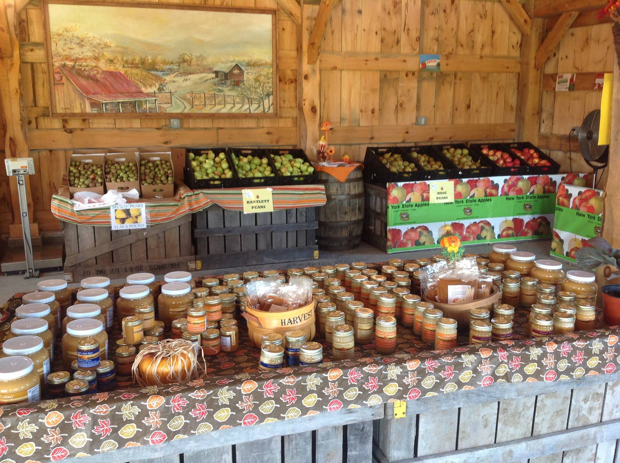 Display of Pears, Apples and Honey in the Pick Your Own Apple barn at Fix Bros. Fruit Farm, Hudson, New York